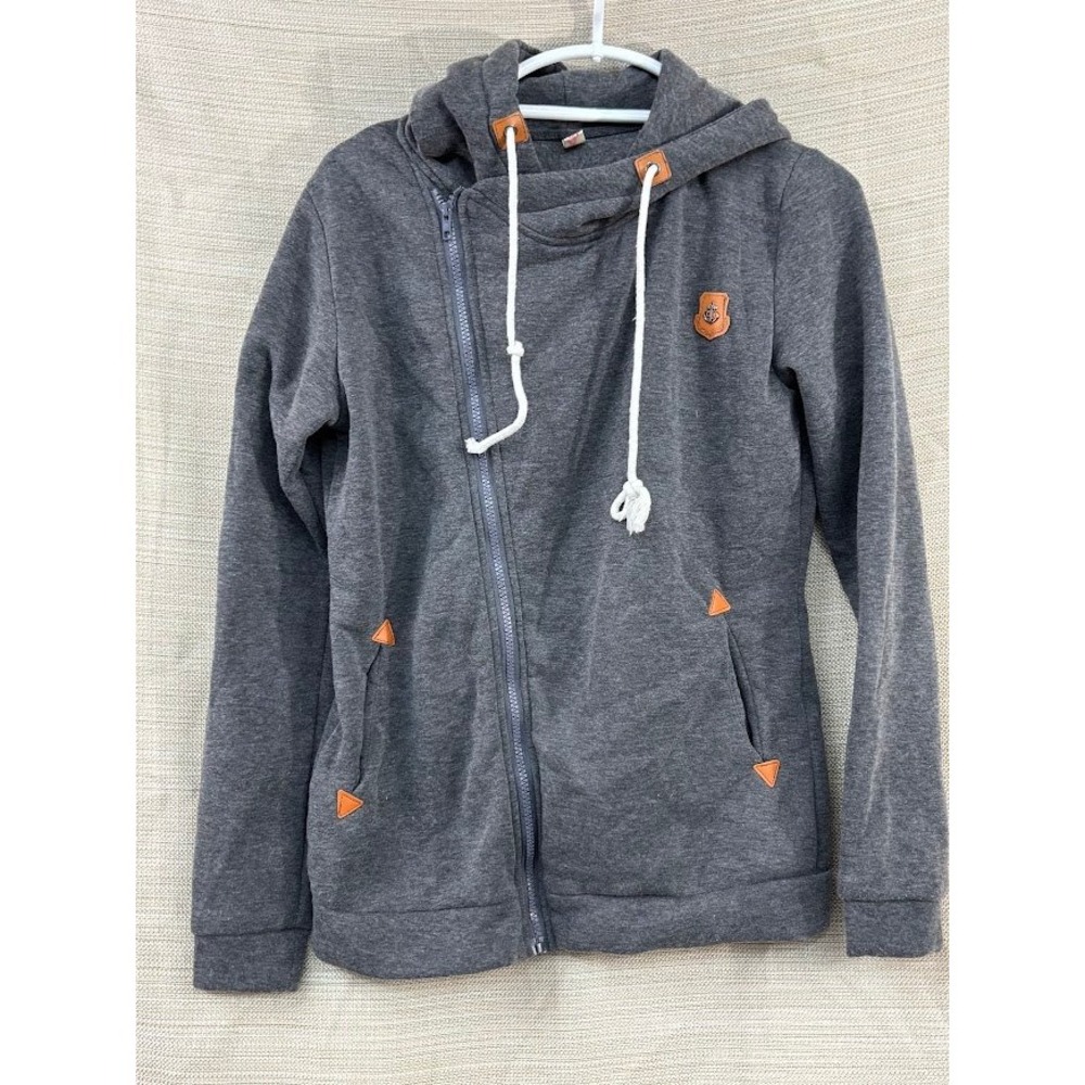 Elfina Gray Asymmetrical Zip Up Hoodie Nautical Anchor Patch Fleece XL